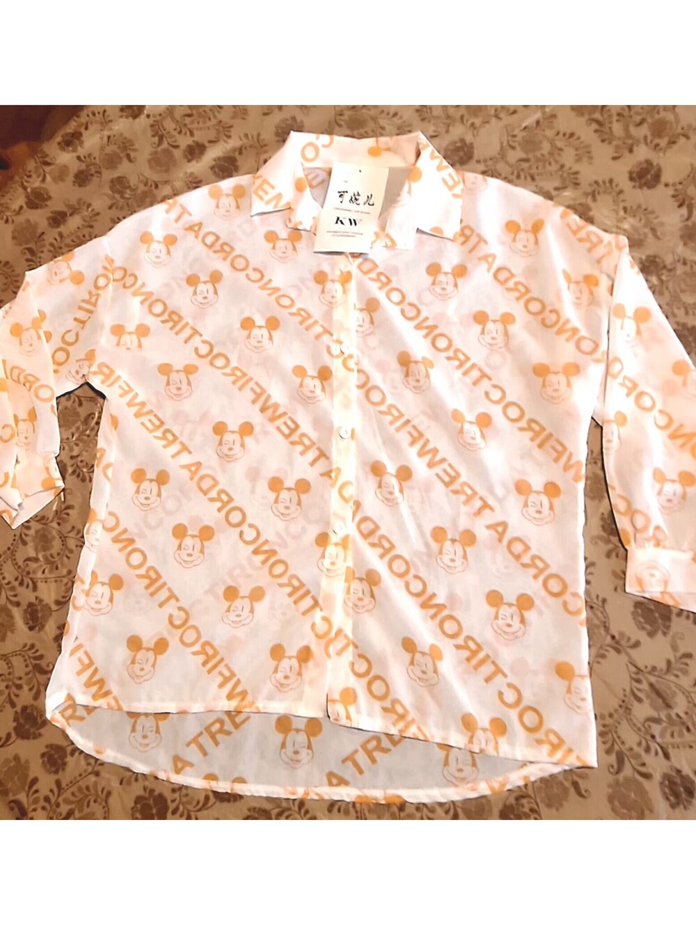 NWT Sheer Mickey Mouse Button Down Blouse Size 15 (Girls 14 Junior) White/Orange
